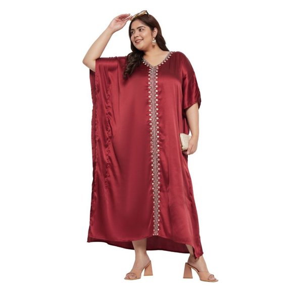 Kaftan Dress for Women Solid Satin Embroidery Maxi Dresses Valentine's Day Gifts - Picture 1 of 7